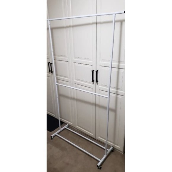 Double Rod Clothing Garment Rack Rolling Coat Hanger with Bottom Mesh White